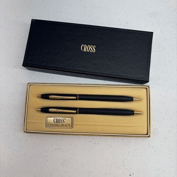 Cross Classic Black & Gold Ballpoint Pen/Pencil Set 2501 W/Box Blue Ink - Picture 4 of 4